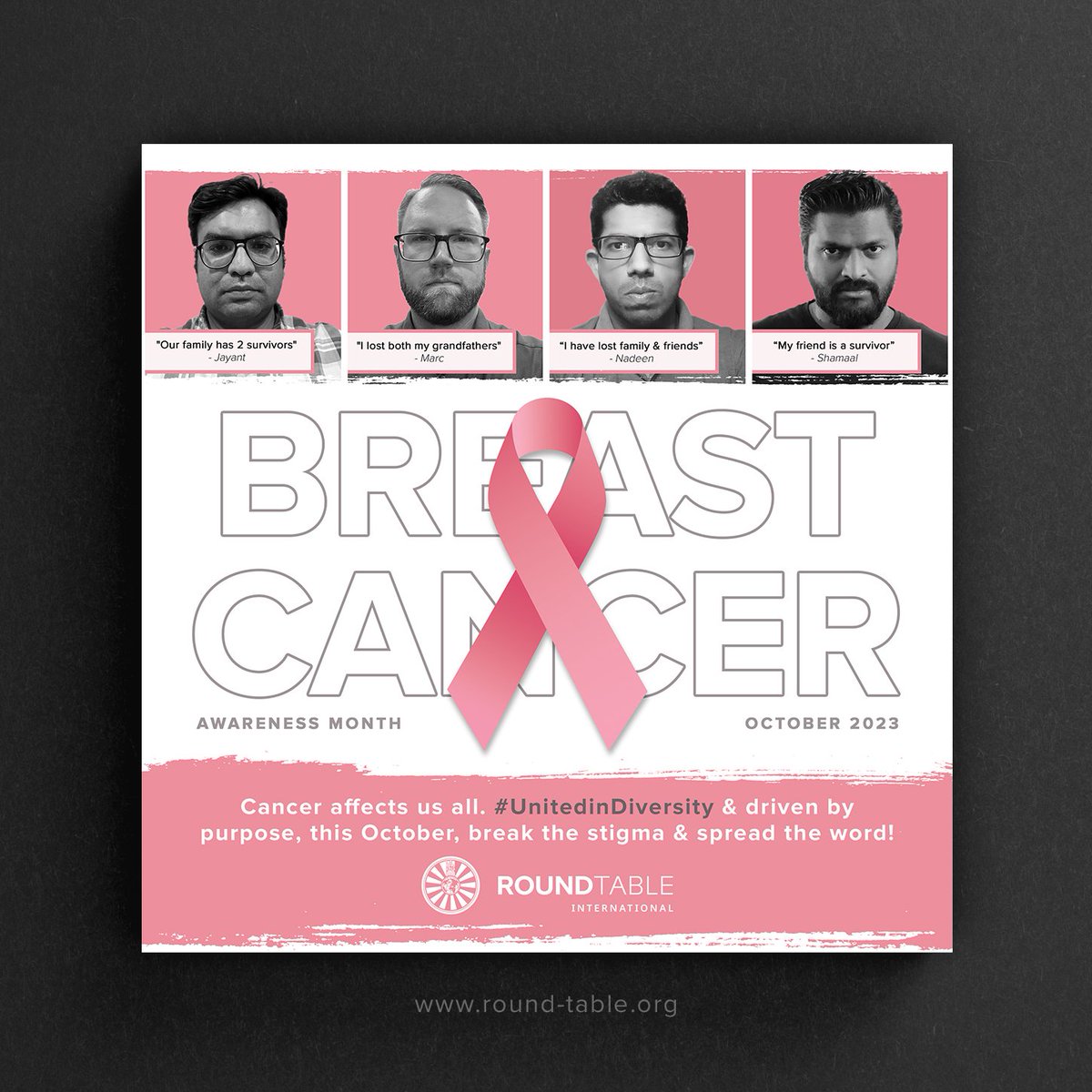 RoundTableInt's tweet image. Cancer affects us all. 
 
We urge all women to perform self-examinations once a month to detect any early signs, to visit their doctor regularly, and to schedule a mammogram periodically. 

Remember, early detection saves lives. 

#BreastCancerAwareness #UnitedinDiversity