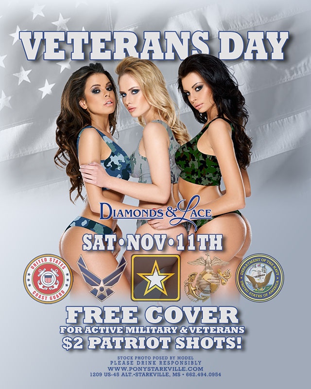 Veterans - We thank you today and every day for your service and sacrifices. 
Please join us on Nov 11, and enjoy FREE COVER & $2 Patriot Shots!
.
.
.
#VeteransDay #ThankaVet #Patriot #DiamondsAndLace #Chattanooga