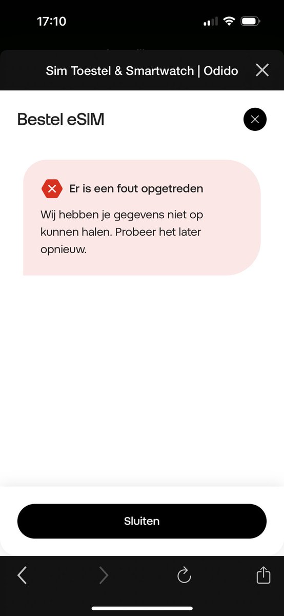 <a href="/odidonederland/">Odido Nederland</a> beste Odido, het lukt mij niet om een e-sim te bestellen via de app. Krijg steeds een fout melding. Zie bijgevoegde foto. Hebben jullie een oplossing?