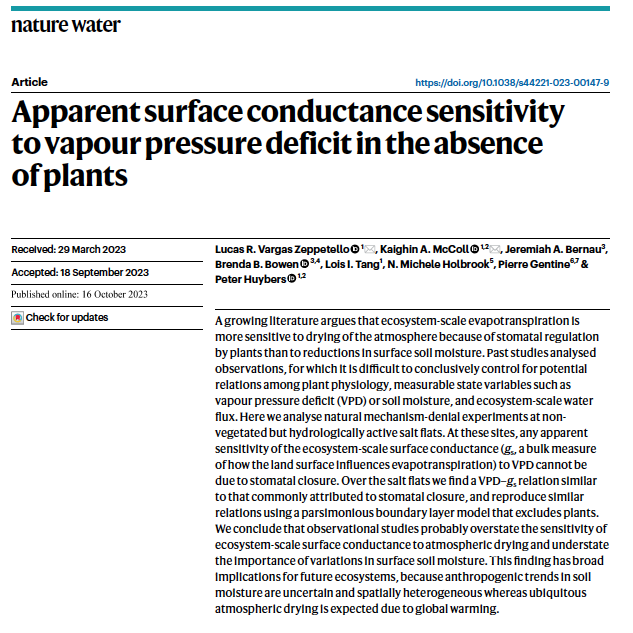New paper in @NatureWaterJnl led by postdoc Lucas Vargas Zeppetello. Are plants really more sensitive to drying of the air than to drying of the soil? Lots of interesting debate on this topic in the last few years. 1/x nature.com/articles/s4422…