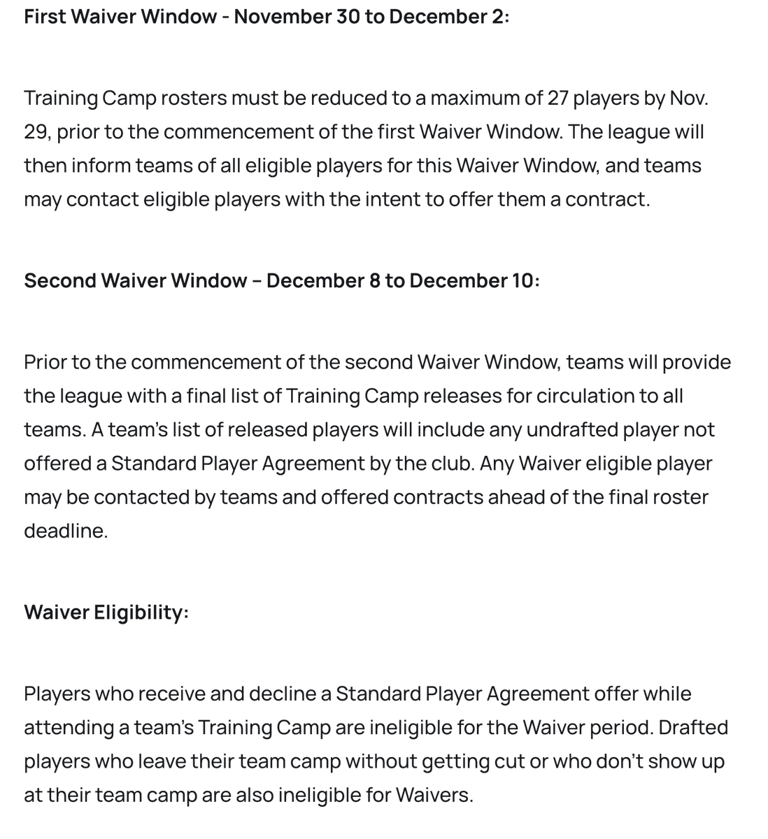 The PWHL has also outlined a set waiver period rules 'to provide players with multiple opportunities to secure a contract.'