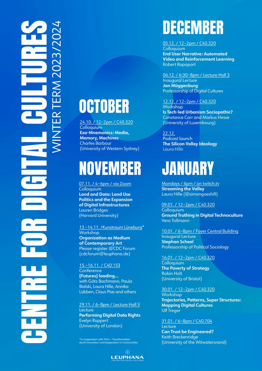 Here comes our program for the winter term 2023/24. Please join us for the exciting events with @Laurenebridges, @rogermexiko, @simongoeshill, @tollve and others