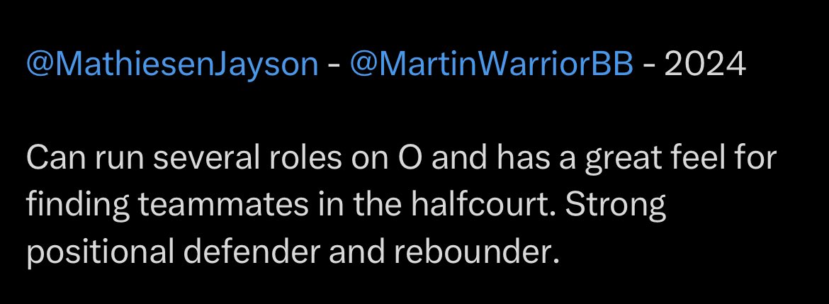 MartinWarriorBB's tweet photo. Finished up Fall ball season 1-1 at the Mansfield GASO. 

Notables: (2 Games)

2024 Guard @rjmitchellll 17.5 PPG | 80% 8/10 from 3 | 3.5 SPG 

2024 Guard @MathiesenJayson 14.5 PPG | 8.5 RPG | 45% from 3 

2026 Forward @JNyakundi2026 13.5 PPG | 60% 2 PT FG | 33% from 3 https://t.co/1m95btHPa8