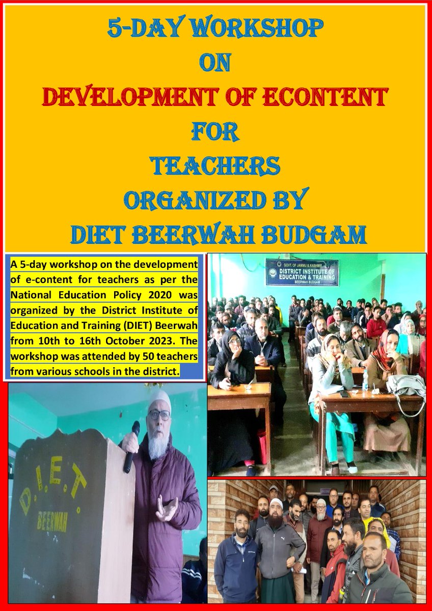 DIETBudgam's tweet photo. A 5-Day Workshop on Development of eContent for Teachers as per National Education Policy 2020 Organized by DIET Beerwah.
and Training (DIET) Beerwah from 10th to 16th October, 2023. The workshop was attended by 50 teachers from various schools in the district. https://t.co/ekdE1Edt0f