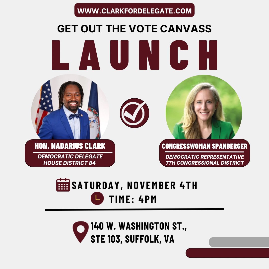 NadariusClarkVA's tweet photo. Get ready to Get Out The Vote! Join us for a Canvass Launch with Congresswoman Spanberger  @RepSpanberger on November 4th at 4pm. Let's make our voices heard together. 🗳️🇺🇸 #GOTV #ElectionAction https://t.co/F4Cq4Jb9Xu