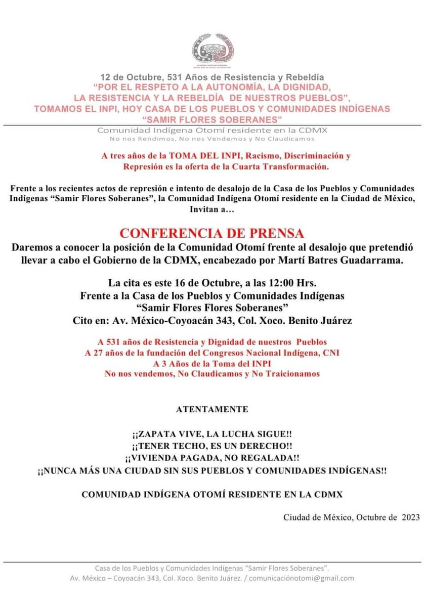 Conferencia de prensa 12 hrs después del cobarde ataque ordenado por <a href="/martibatres/">Martí Batres</a> contra la comunidad #indigena. Hace unos días el sustituto de Sheinbaum hipócritamente hablaba de reconocer a las mujeres indígenas, anoche mandan reprimir en un operativo del tamaño de su bajeza.