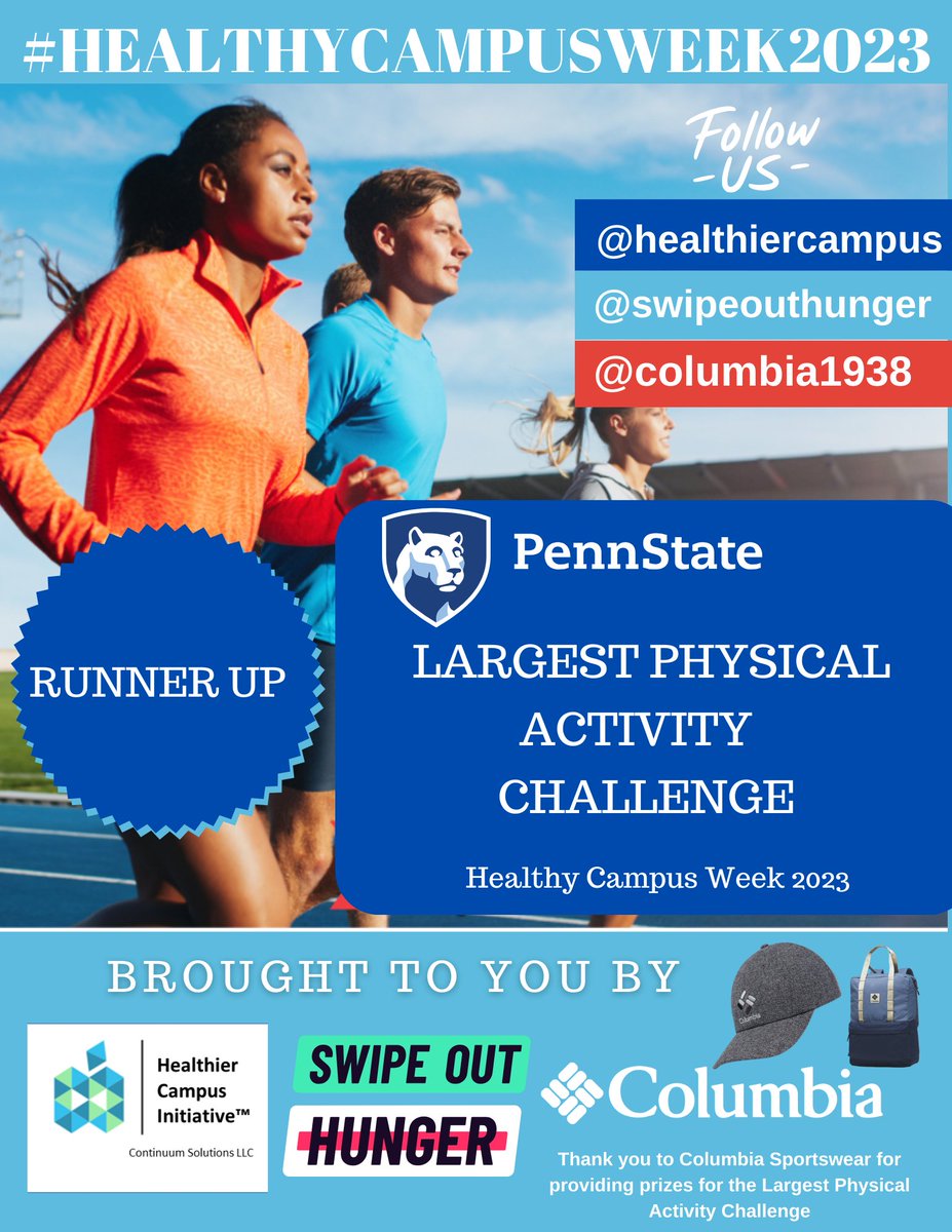 We're happy to announce @PennState Penn State Campus Rec at the Runner-Up for the #LargestPhysicalActivityChallenge during #HealthyCampusWeek2023.  Congrats! Thx @Columbia1938 for the sponsorship. @CampusRecMag @SwipeHunger