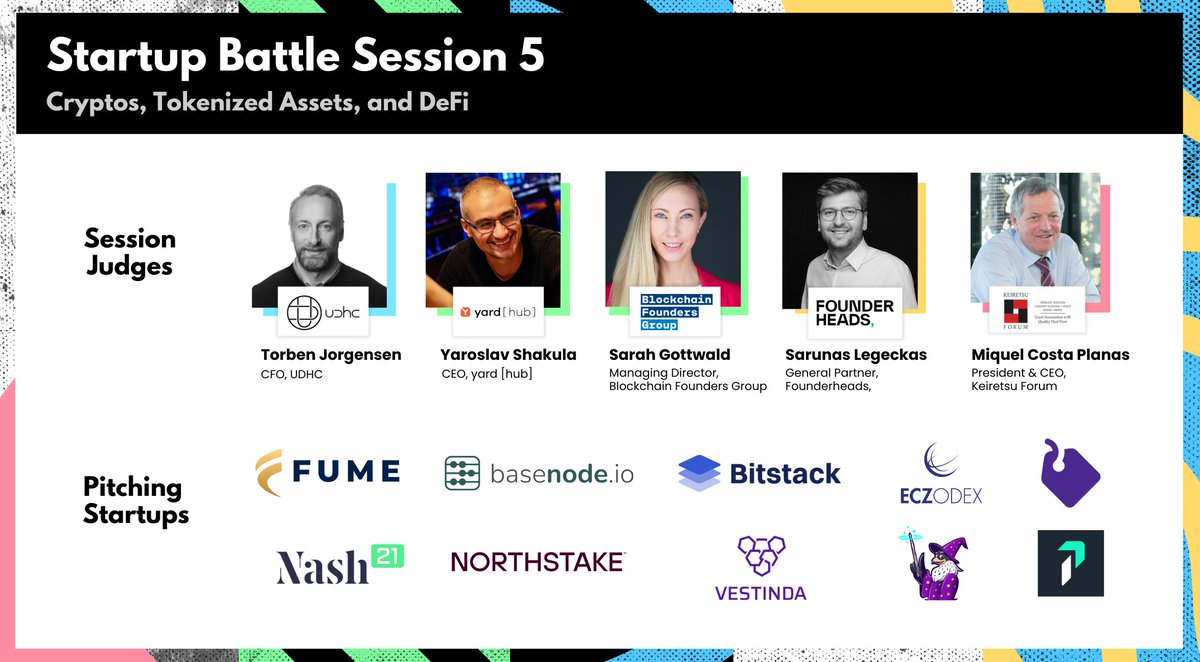 🚀 Startup Battle Session 5 at #EBC9🚀

⛓ Topic: Cryptos, Tokenized Assets, and DeFi ⛓

10 impact startups that are leveraging #web3 and #blockchain are pitching for the win.
 
👨‍⚖️👩‍⚖️ 5 judges are evaluating the pitches and giving feedback.

📅 Oct 26, 12:00-13:00 at AMA stage