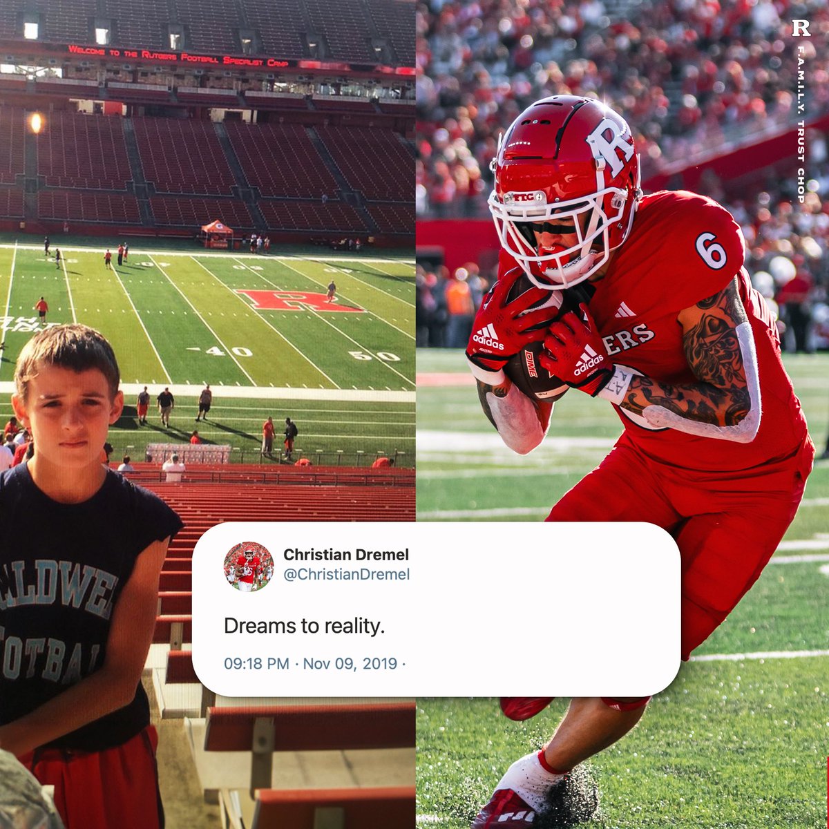 Never give up on your dreams 💯 Christian Dremel always wanted to play for @RFootball. He joined the program as a walk-on in 2019. In 2021, he earned a scholarship. Now, @ChristianDremel leads the team in receptions & receiving touchdowns.