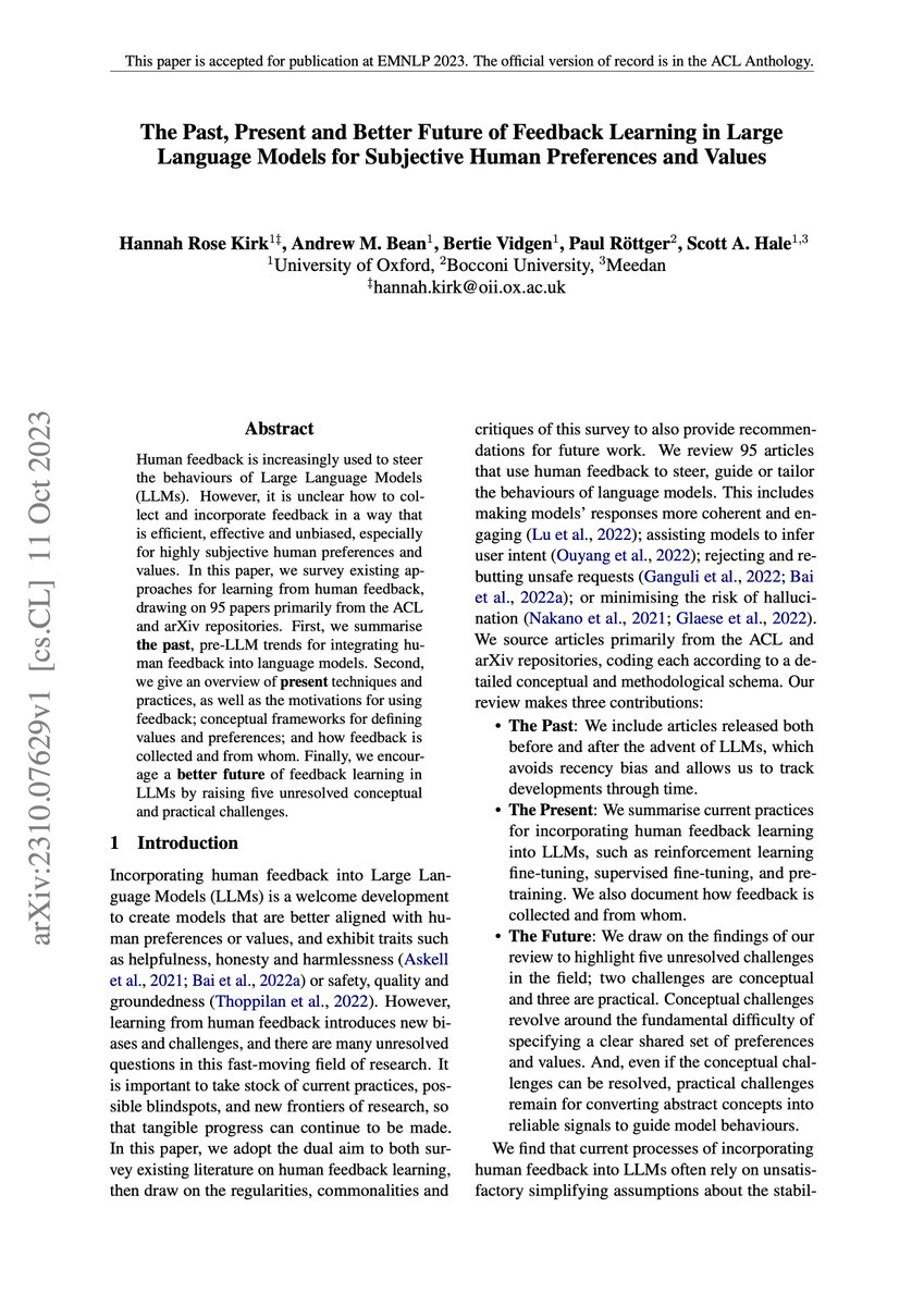 How does human feedback steer LLM behaviours?🧐 Whose voices dominate? 🗣️What challenges remain and how can we do better as a community in the future?🔮 All these questions and more answered in our new survey paper, accepted at #EMNLP23 ! a small 🧵 arxiv.org/abs/2310.07629