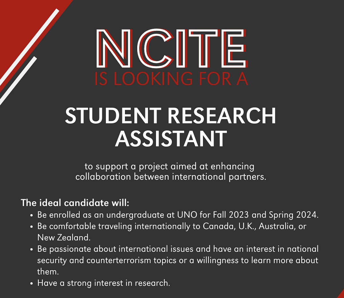 🚨NEW STUDENT JOB OPPORTUNITY🚨

We're looking for a student research assistant to support a project that involves collaboration with international research partners. 

🌍Do you love to travel? Check out the application!
unomaha.edu/ncite/get-invo…