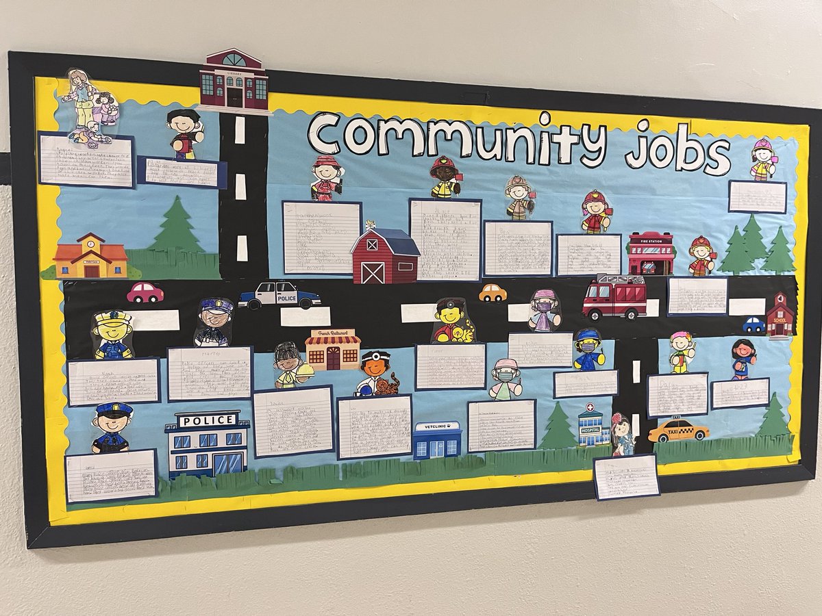 mrsgress1's tweet photo. Community Jobs bulletin board. Come read our informational writing after researching community jobs on Pebble Go! @WheerAvenue @VS13UFSD #SecondGrade #TeamGress https://t.co/KwFgf1YH7A