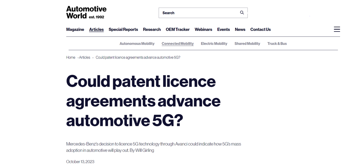 Thanks <a href="/automotiveworld/">Automotive World</a> for discussing #5G #connectedvehicle licensing with us. Great to read Michael Hafner of Mercedes saying that our license 'grants the automaker a higher level of “freedom” in the scope of its continuing 5G innovation.'
More: bit.ly/avanci-AW5G