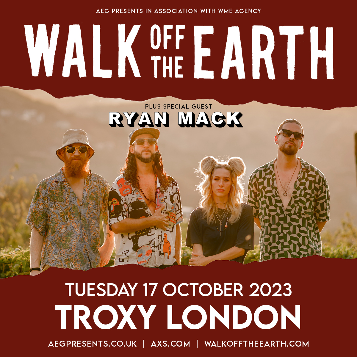 TroxyLondon's tweet photo. T-minus 24 hours until Juno Award-winning musical phenomenon, @WalkOffTheEarth, perform tomorrow 🤩
VIP Doors 5.30pm
Doors 7pm
@iamRyanMc 8.15pm
Walk Off The Earth 8.45pm
Last Entry 10pm
Curfew 11pm
Final Tickets Here: https://t.co/xQBrQ2uHNF
#wote #ryanmack #londongigs https://t.co/rt0VqDLvwT