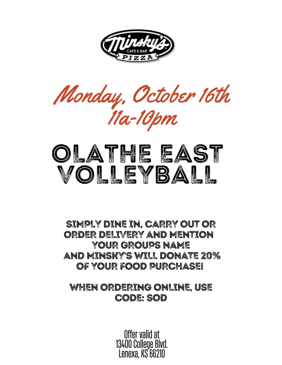 Please support OE volleyball!!
Minsky’s for lunch/dinner!! 
🧡🏐💙🍕