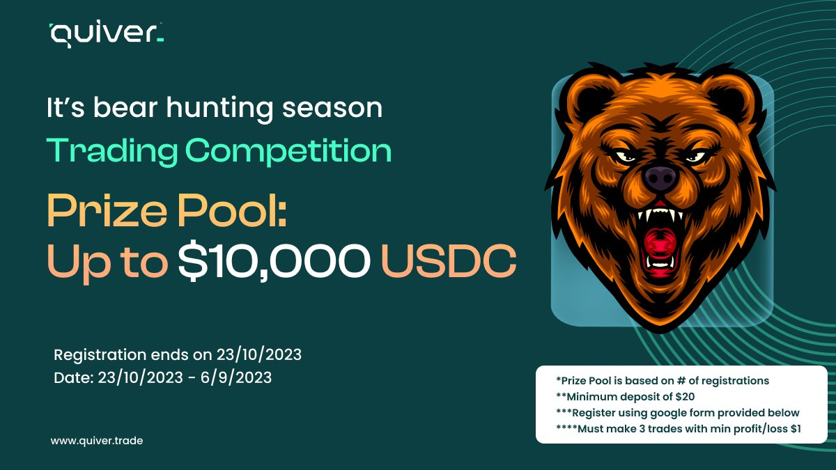 🚨 It's Bear Hunting Season 🚨

Celebrating the release of our new trading panel 📈

We are hosting a trading competition on 23/10/2023 here: bit.ly/3M2f3qK

Up to a $10,000 USDC Prize Pool 🤑

Register by 11:59 AM UTC, 23/10/2023

Use the form below for registration 👇