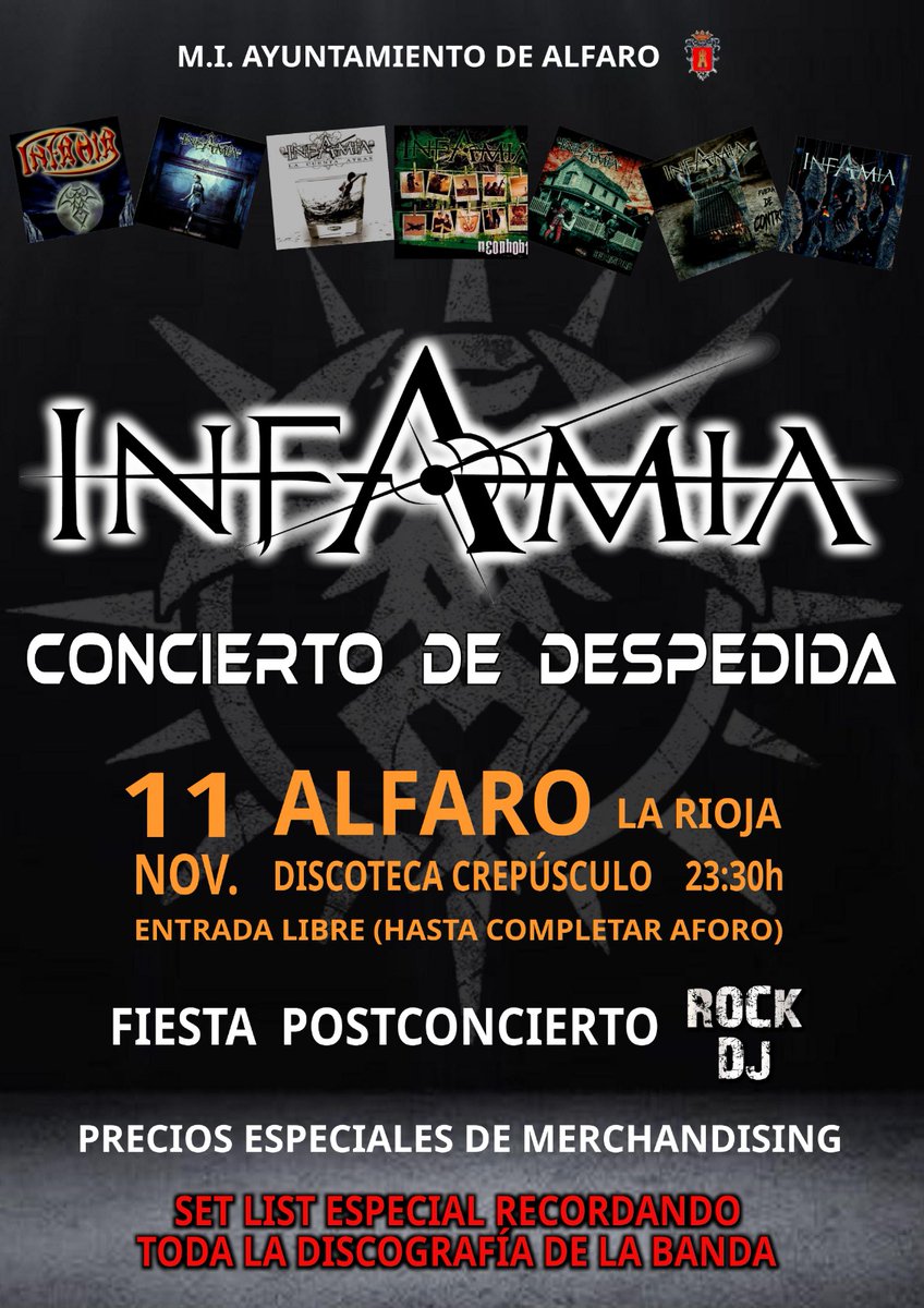 🔥NUEVA FECHA EN ALFARO🔥

▪️Os comunicamos que el concierto de despedida en Alfaro será el SÁBADO 11 de NOVIEMBRE en la discoteca Crepúsculo, a las 23:30.

⚠️Como novedad, después de nuestra actuación tendremos un DJ de música rock para seguir la fiesta.

⛔ENTRADA GRATUITA⛔