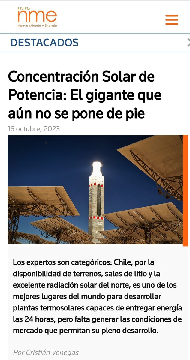 AcspChile's tweet photo. ⚡☀️ Destacamos en la 📰  "CSP: El gigante que aún no se pone de pie" de @nuevamineria
📌  "Si hay un lugar en el mundo donde la CSP es factible es Chile. Ahora lo que hay que hacer es generar las condiciones de mercado, para que se pueda desarrollar",  👇
https://t.co/9vZvAZrcb7 https://t.co/2iMDWXEapf