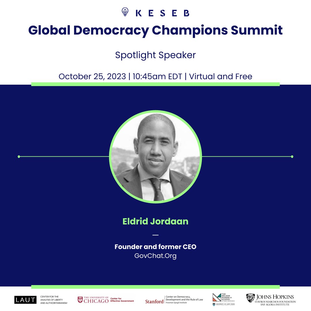 📣 Join us for a spotlight talk by @eldridjordaan, Founder and former CEO of GovChat.org, at the upcoming 2023 Global Democracy Champions Summit. Explore how GovChat revolutionizes civic engagement in South Africa. Don't miss this opportunity! 📷 #Innovation