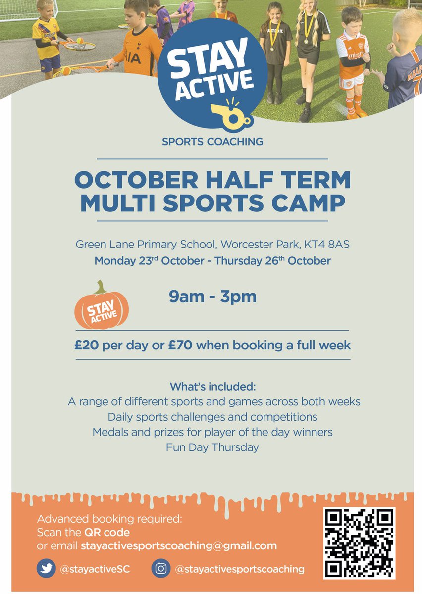 stayactiveSC's tweet photo. 🎃 October Half Term Sports Camp 🎃 
              
               AVAILABILITY UPDATE 

Monday - Limited Spaces Available 
Tuesday - Limited Spaces Available 
Wednesday- Almost Fully Booked  
Thursday - Fully Booked 

Bookings Now Live - https://t.co/WtoLOb53SE…
@glpns https://t.co/AWvOdxl6D6