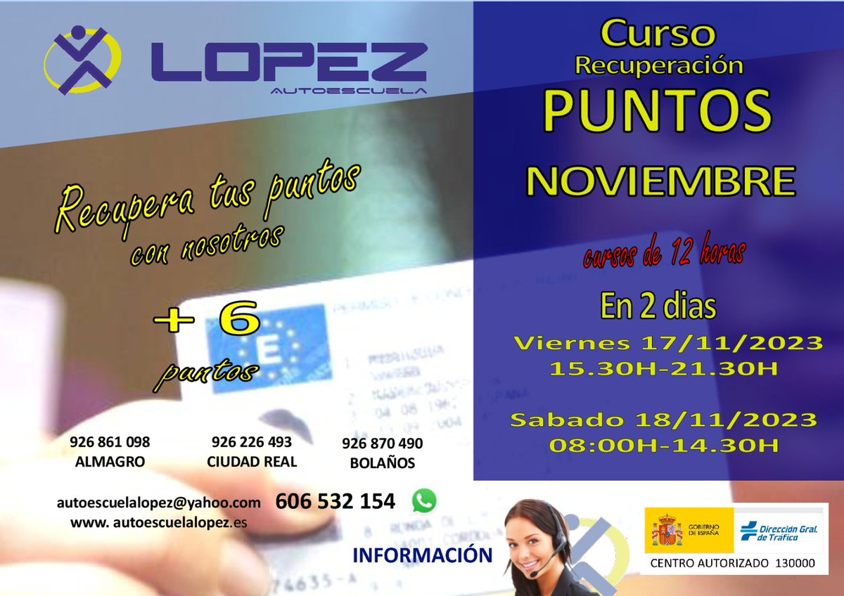 grupLOPEZ's tweet photo. ⚠️ CURSO RECUPERACIÓN PUNTOS ⚠️
¿Has perdido puntos de tú permiso de conducir 🙄?
💥 Próximo Curso, 17 Y 18 DE NOVIEMBRE, RECUPERA 6 PUNTOS 💥
ℹ️Para más info ☎️ 606532154 https://t.co/aGufQdj6qF