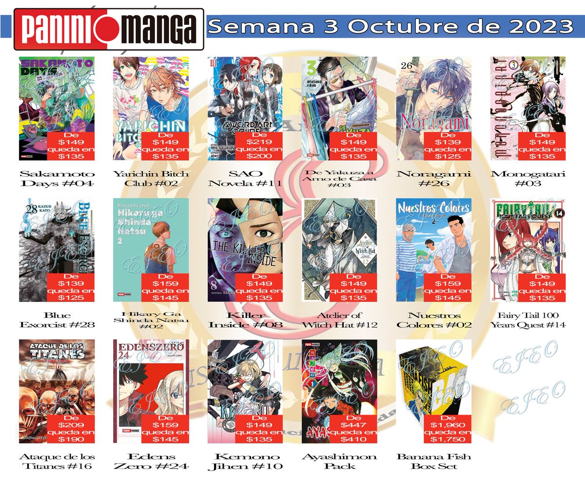 distribuidoejeo's tweet photo. Ya tenemos a la venta los nuevos mangas de editorial Panini
Fecha límite para adquirir tus ejemplares Miércoles 18 de Octubre de 2023
#distribuidoraejeo #panini #mangas #japonés #SakamotoDays #sao #FairyTail #blueexorcist #killerinside #monogatari #ataquedelostitanes #kemono https://t.co/ayVFWfWEbM