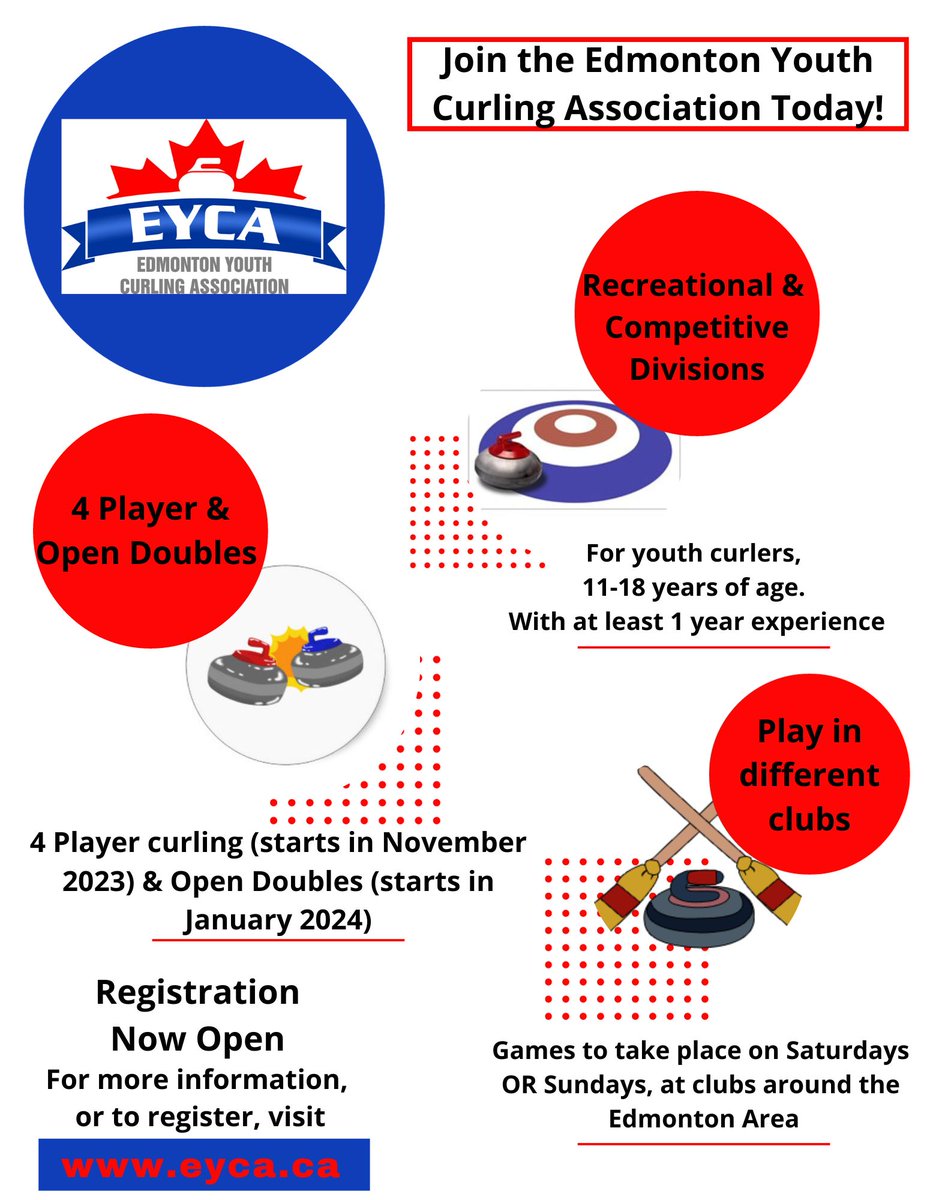 Don't forget to register you team for the EYCA! Registration closes October 21st!
Register at eyca.curling.io/en/events/1702…
Don't have a team? Register your name (free of charge) at eyca.curling.io/.../17026-eyca… and we will try to find a team for you.