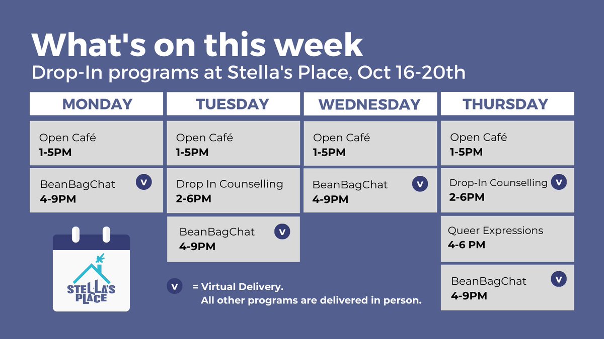 stellasplaceca's tweet photo. Here's an overview of our Drop-In programs this week, including our Open Café, Drop-In Counselling, BeanBagChat &amp; more. We're also hosting our third Queer Expressions drop-in group, and this week's theme is spooky soiree paint night 🎨🖌️👻

Find out more: https://t.co/tU5Ax57WkR https://t.co/XAa2HFgVj8