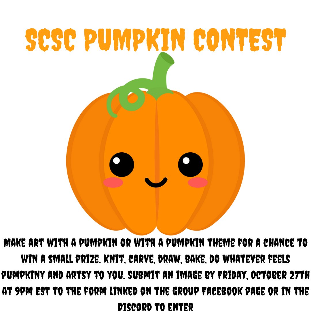 It's the SCSC Pumpkin Contest! 🎃 Make art with a pumpkin or with a pumpkin theme for a chance to win a prize at the SCSC Halloween Party! Knit, carve, draw, bake - do whatever feels pumpkiny and artsy to you. Submit an image by 9 pm ET on October 27th: facebook.com/sidcityonline/…