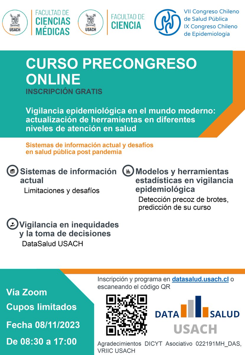 Los invitamos a nuestro curso precongreso del Congreso de Salud Pública y Epidemiología.
inscripciones en forms.gle/Sn6PA72PVBuR5Q… o en datasalud.usach.cl