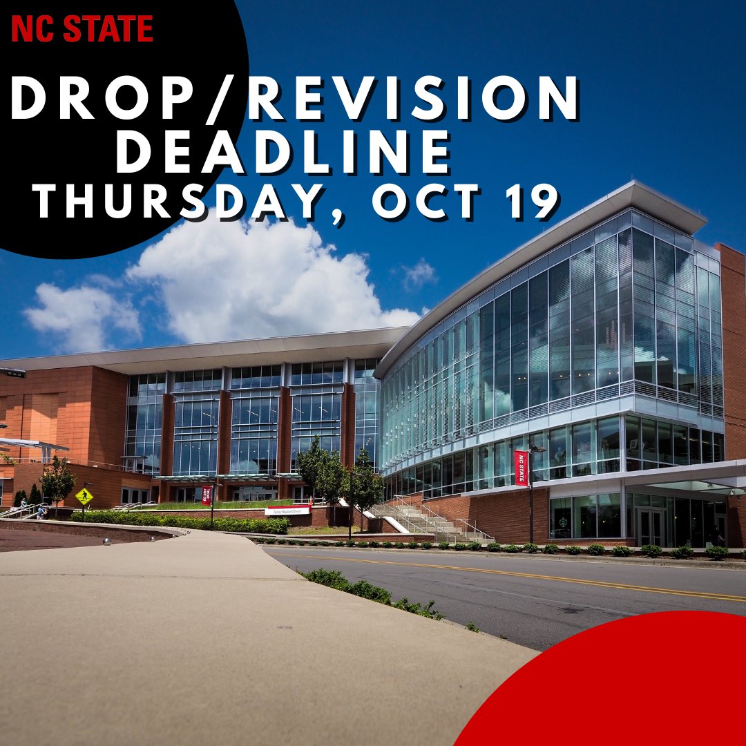 NC State PFS (@ncstatepfs) on Twitter photo Drop/Schedule Revision Deadline (for Fall Regular Session classes): MyPack Portal closes for student-initiated schedule revisions at 11:59 p.m. All schedule revisions made after this date will require a Schedule Revision form for processing. 
studentservices.ncsu.edu/calendars/acad… Drop/Schedule Revision Deadline (for Fall Regular Session classes): MyPack Portal closes for student-initiated schedule revisions at 11:59 p.m. All schedule revisions made after this date will require a Schedule Revision form for processing. 
studentservices.ncsu.edu/calendars/acad…