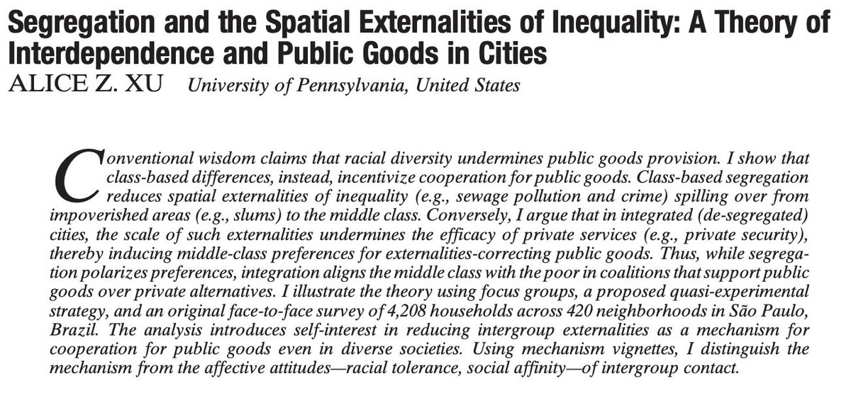 alice_z_xu's tweet image. Excited to share my new paper now @apsrjournal: doi.org/10.1017/S00030…
I show that segregation encourages the privatization of urban services. Conversely, integrated cities produce intergroup externalities that align the middle class w/ the poor in coalitions for public goods 🧵