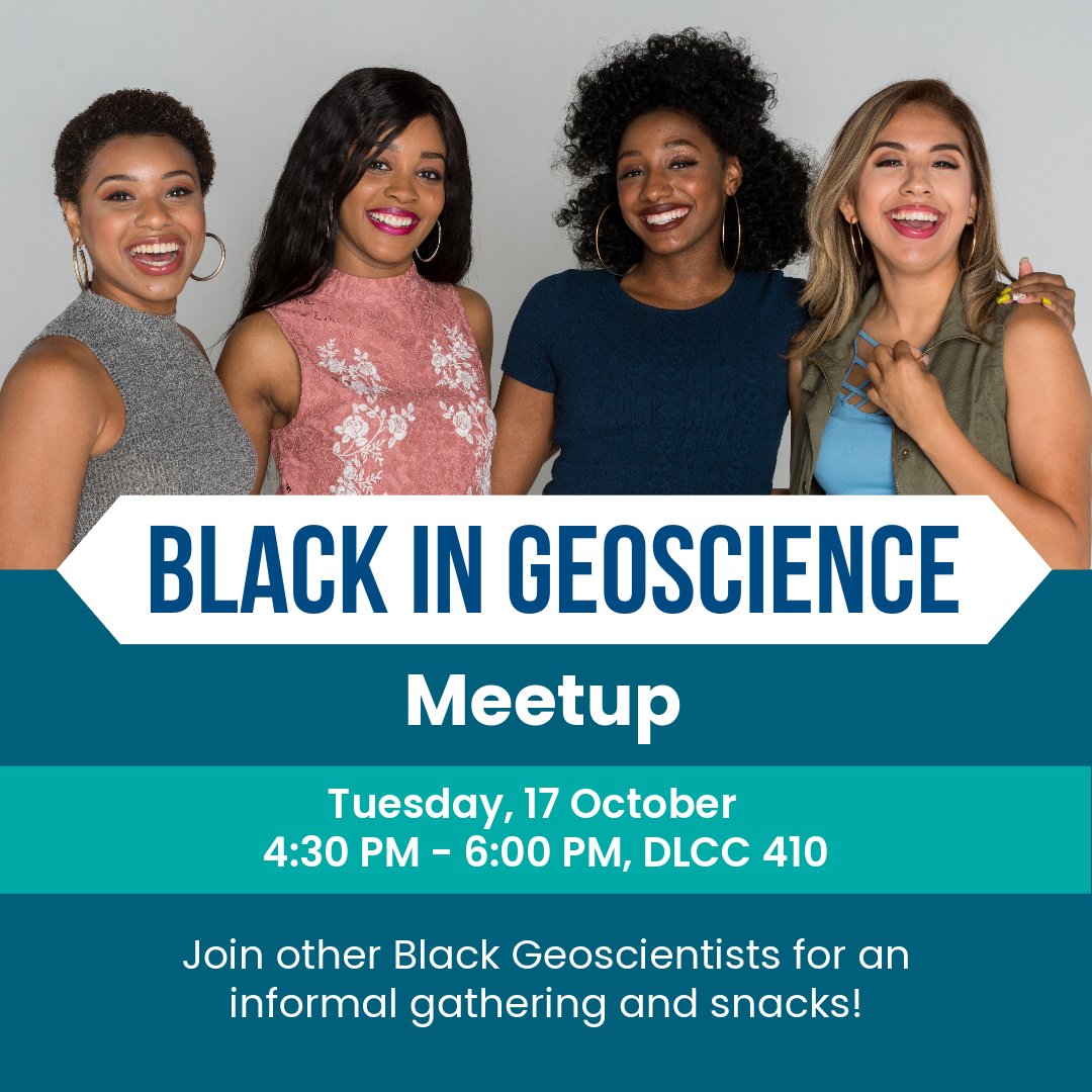 Join us for the Black in Geoscience Meetup, an informal gathering Tuesday, 17 October, 4:30 PM - 6:00 PM, DLCC 410. We look forward to seeing you there! #GSA2023 #Geoscience #Geology #EarthScience #GeologyRocks #Community #CareerDevelopment @magabritle @BlkinGeoscience