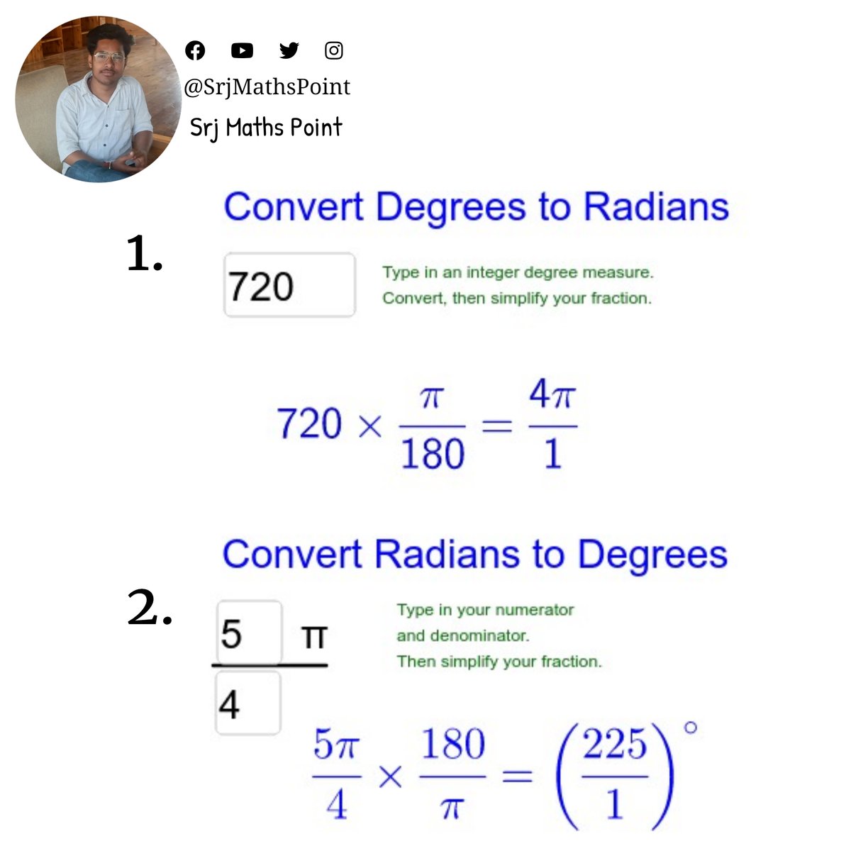 SrjMathsPoint's tweet photo. #Conversion of #degree &amp; #radian 
#srjmathspoint #maths.

#trigonometry #triangle #Mathematics #math #mathslover #mathstudent #geometry #mathematician #triangle #mathsquiz #mathskills #mathsteacher #mathslover #mathsisfun #mathsucks #mathsexam #mathsclass #mathsnotes #vedicmaths https://t.co/Pf4Tm6Ud5J