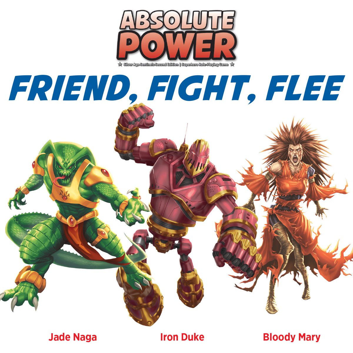 ABSOLUTE POWER SUPERHERO RPG ➡️ Friend, Fight, Flee ⬅️ Between these 3 monstrous supervillains, choose one to becomes friends with, one to fight, and one to run away from: • Jade Naga • Iron Duke • Bloody Mary Crowdfunding @ backerkit.com/c/dyskami-publ… #Superhero #AbsolutePower