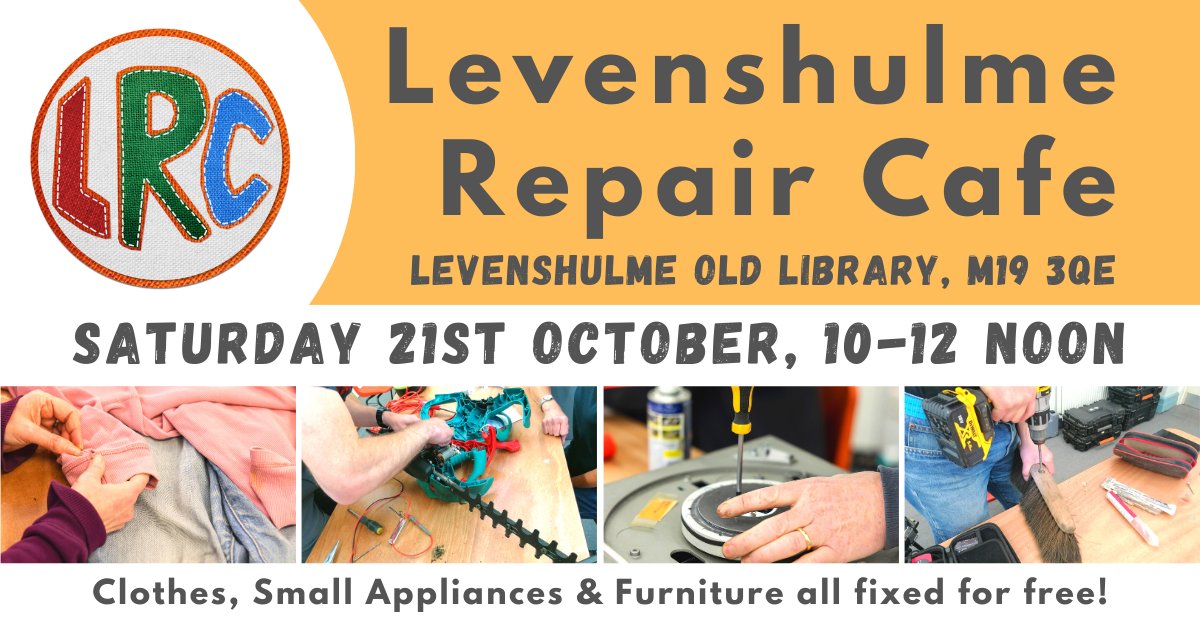 Our next repair cafe is this Sat 21st October, 10am-12. Find us at @LevyOldLibrary with our tools, talented repairers and hot brews, and bring your broken items for some TLC! @mcrlot will also be taking item donations, check out mcrlot.com/support-us to see what they need.