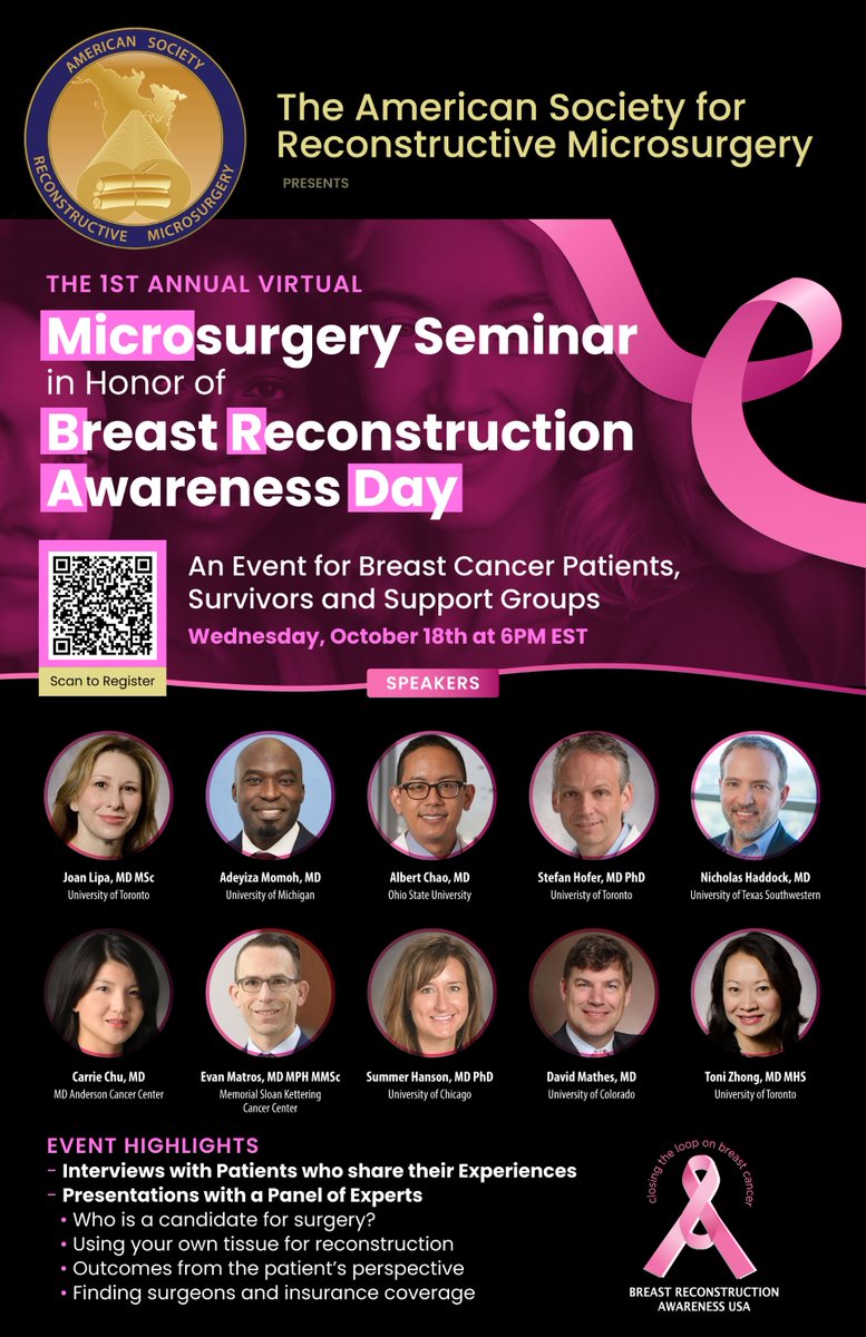 October 18th the 1st annual Microsurgery Seminar in Honor of Breast Reconstruction Awareness Day! Register at the link below meetmeinthecloud.zoom.us/webinar/regist… #Bcsm #BreastCancerAwarenessMonth