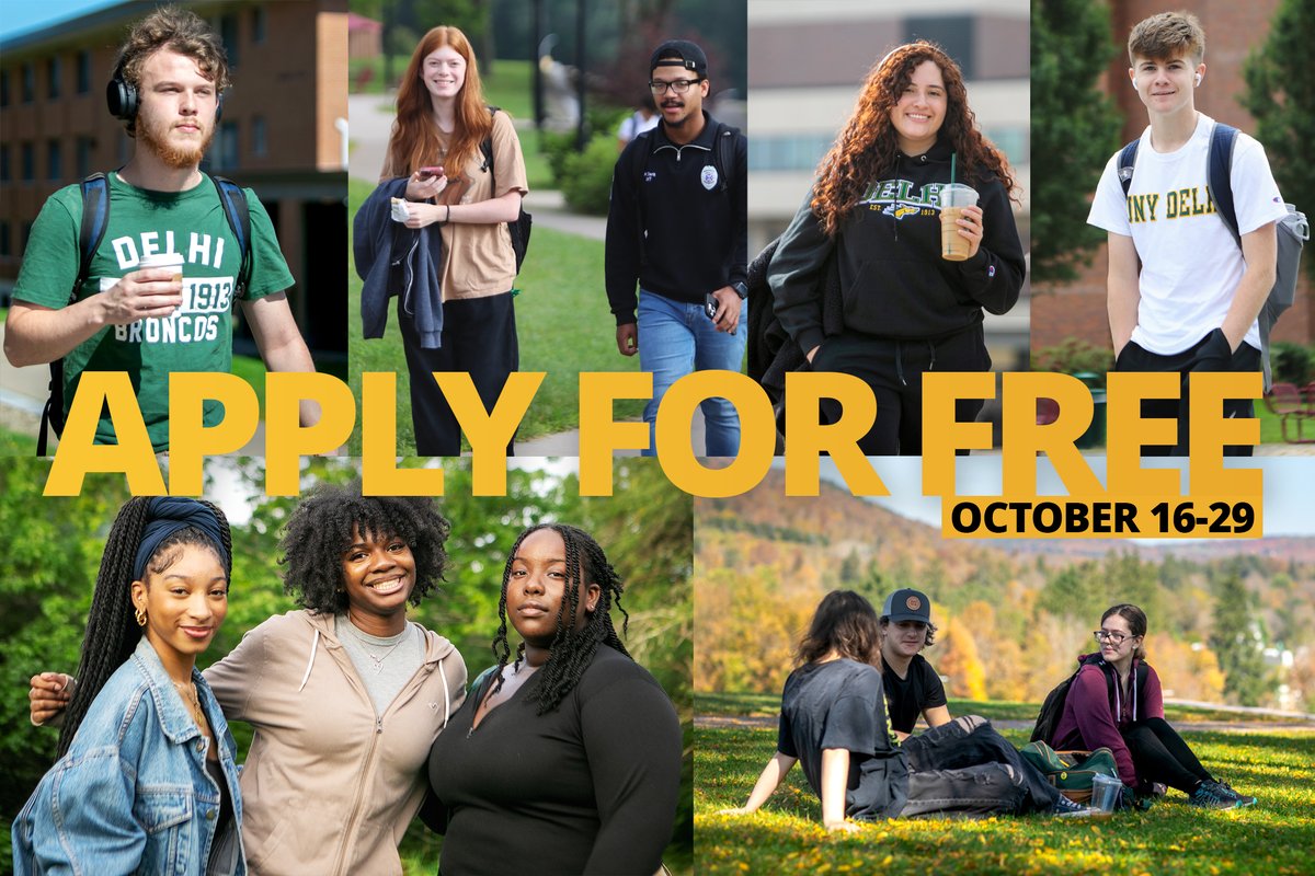 SUNY Delhi (@sunydelhi) on Twitter photo Free SUNY app weeks start today! October 16-29, you can apply to up to five <a href="/SUNY/">SUNY - The State University of New York</a> schools with no application fee! If you're looking for a diverse, close-knit campus community with hands-on learning and career-focused degrees, make sure #sunydelhi is on your list! Free SUNY app weeks start today! October 16-29, you can apply to up to five <a href="/SUNY/">SUNY - The State University of New York</a> schools with no application fee! If you're looking for a diverse, close-knit campus community with hands-on learning and career-focused degrees, make sure #sunydelhi is on your list!