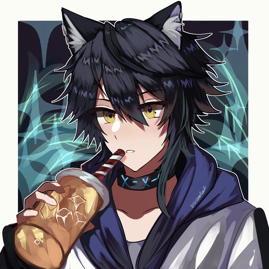 1boy male focus animal ears black hair solo yellow eyes cup  illustration images