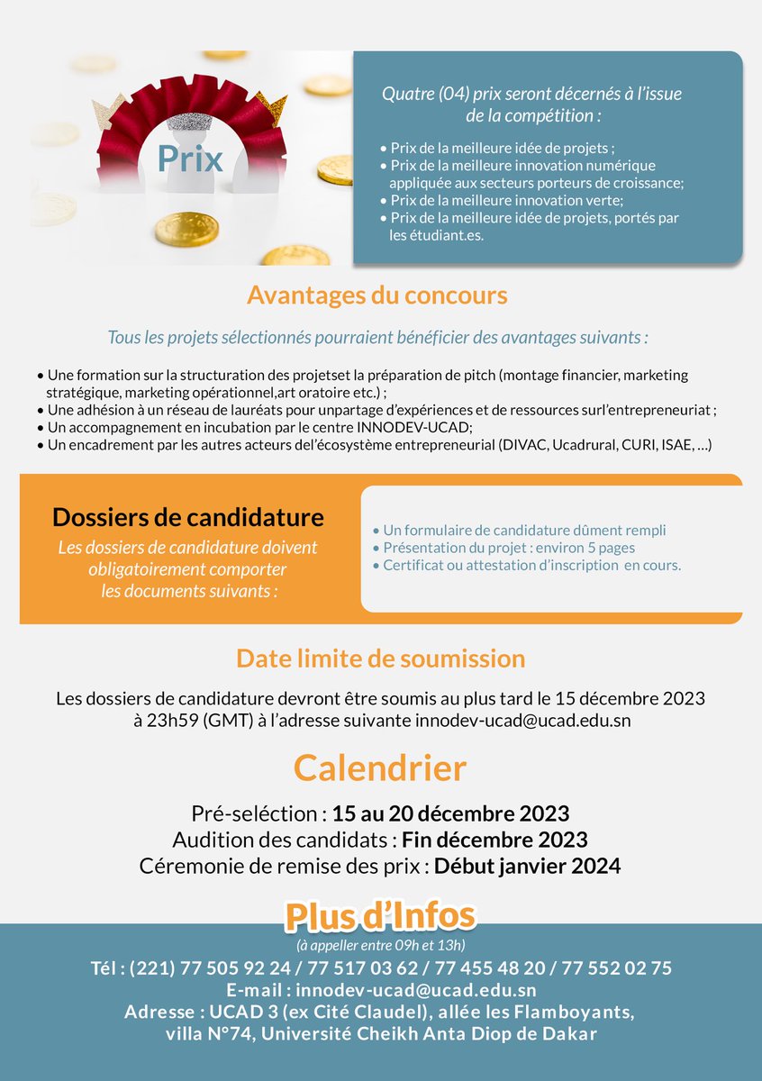 UCAD_Senegal's tweet photo. #OPPORTUNITE
Inscrivez-vous dès maintenant ⬇️
https://t.co/yV1SyDNByn
1e Ed «Prix de l'Etudiant Entrepreneur à l'UCAD»
Offrir l'opportunité et les moyens de transformer les idées de projet en startup
#INNODEV en collaboration avec la #DIVAC, #CURI et #ISAE
#kebetu #compublique https://t.co/gc6WDojKP1