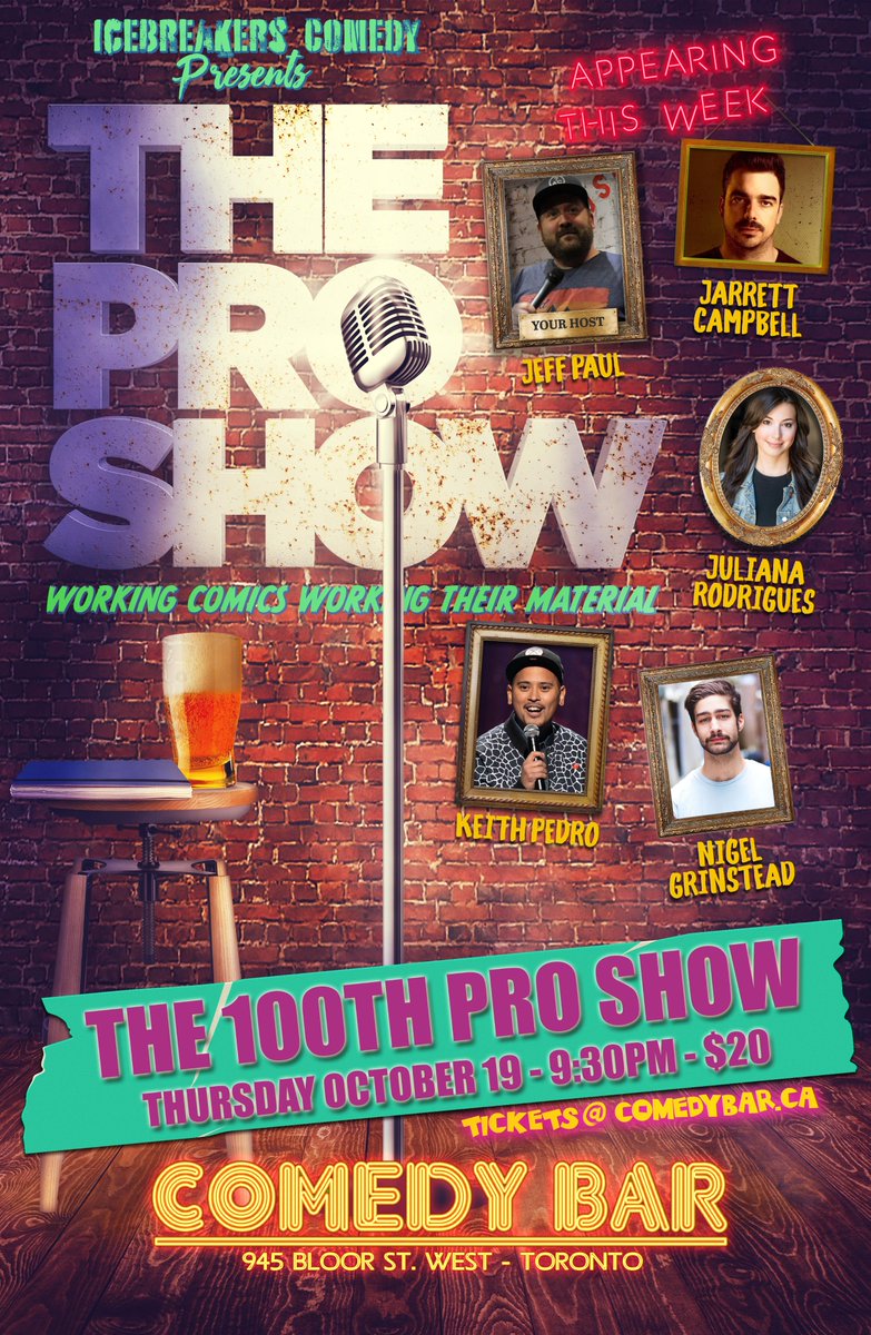 100TH SHOW!!
THE PRO SHOW turns 100 this Thursday and to celebrate we've stacked our lineup with some of our favourite comics who have helped build this show into the best in Toronto! 
So come on down to <a href="/comedybar/">COMEDY BAR</a> this week for a powerhouse of a lineup! 

comedybar.ca/shows/the-pro-…