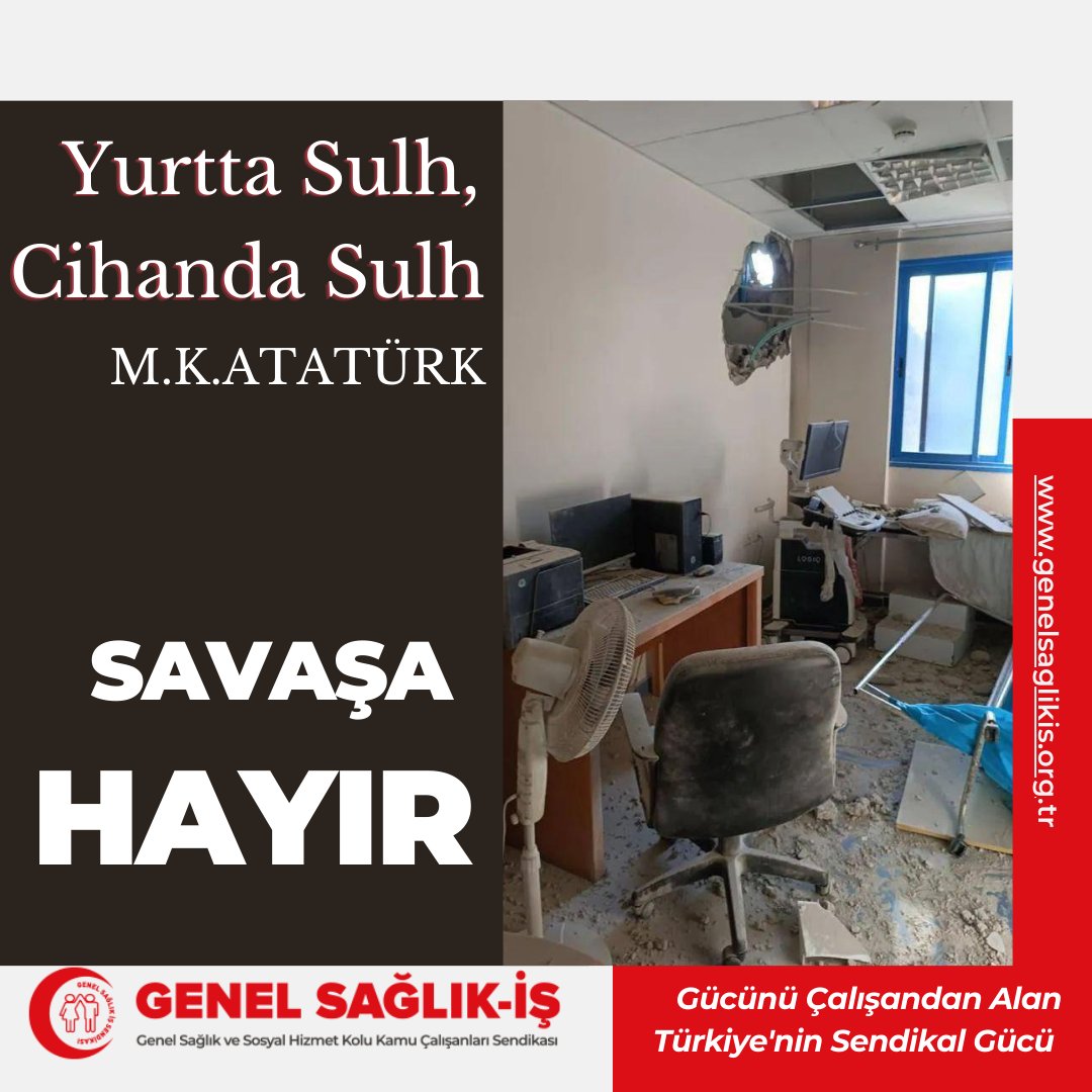 genelsaglikis's tweet photo. İsrail ve Filistin arasında yaşanan savaş nedeniyle her iki tarafta da sivil can kayıpları verilmektedir. Maalesef İsrail, uluslararası insan hakları normlarını hiçe sayarak yaralıları taşıyan ambulanslara ve hastanelere saldırmaktadır. Bu tür savaş durumlarında hastanelerin dokunulmazlığı esastır. Hastanelerin bombalandığı, elektriğin kesildiği, suyun verilmediği, ilacın olmadığı bu günlerde her zaman olduğu gibi sağlık emekçileri görevlerinin başında canla başla mücadele edip görev yerlerini terk etmemektedir. Sağlık çalışanlarının insanlık için bu onurlu mücadelesini destekliyoruz. Yaşanan bu vahşetin bir an önce son bulmasını diliyoruz.
#SavasaHayir 
#Gaza #palestine #GazzeUnderAttack #FreePalestine #GazzeUnderAttack #gazza #Filistin