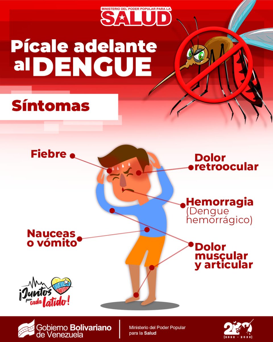 ¡No dejes que el Dengue te pique!
Elimina los criaderos del zancudo y reduce su capacidad de propagación.
¡Únete a la prevención y juntos piquemos adelante al Dengue!
#ConMaduroMásVerdadYPaz