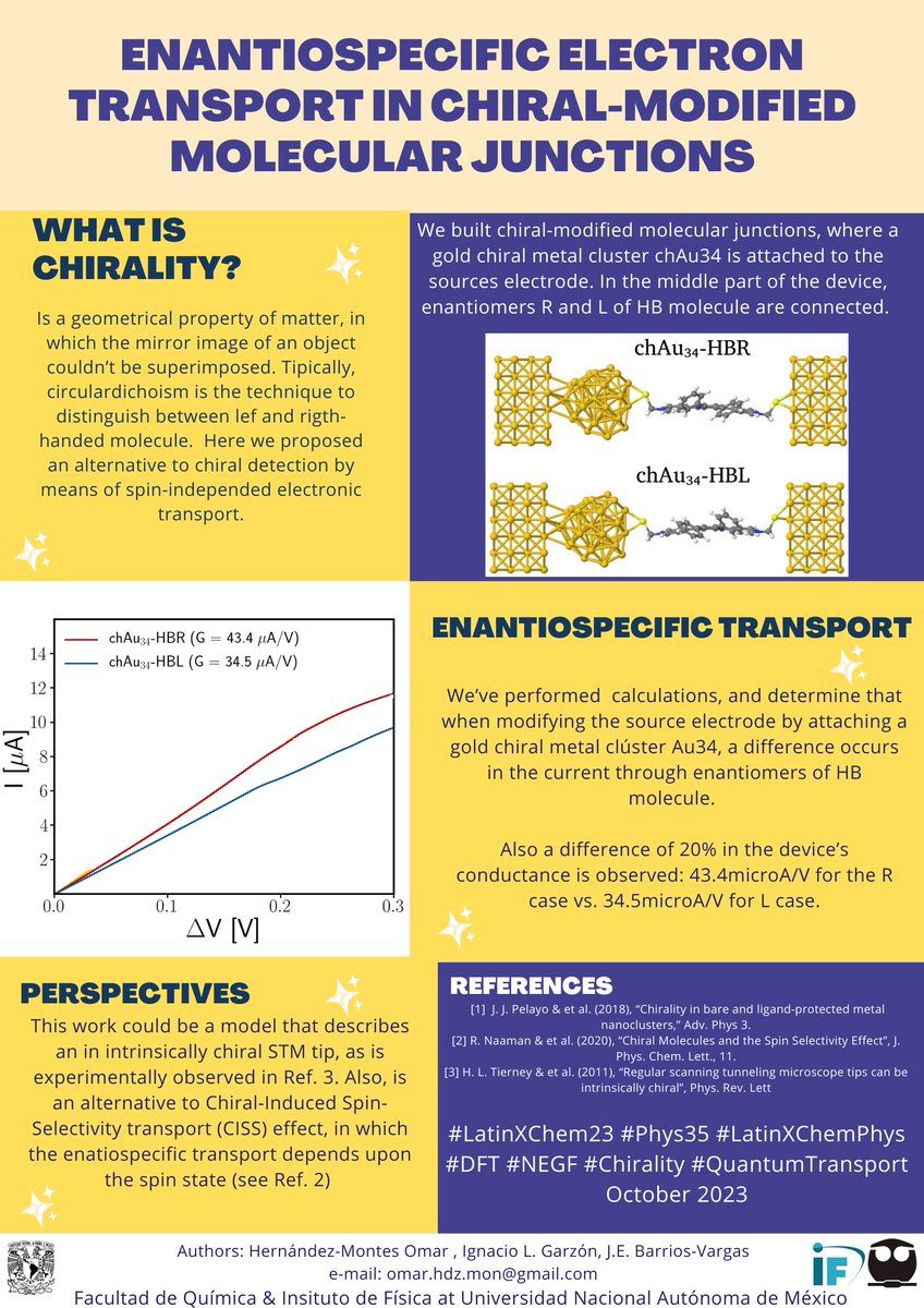 omarhmts's tweet image. Hello @LatinXChem, I&apos;m excited to share my work &quot;Enantiospecific Electron Transport in Chiral-Modified Molecular Junctions&quot;.

Let&apos;s discuss science.

#LatinXChem23 #Phys35 #LatinXChemPhys
#DFT #NEGF #Chirality #QuantumTransport
@RSC_Energy , @PCCP , @ChemPhy