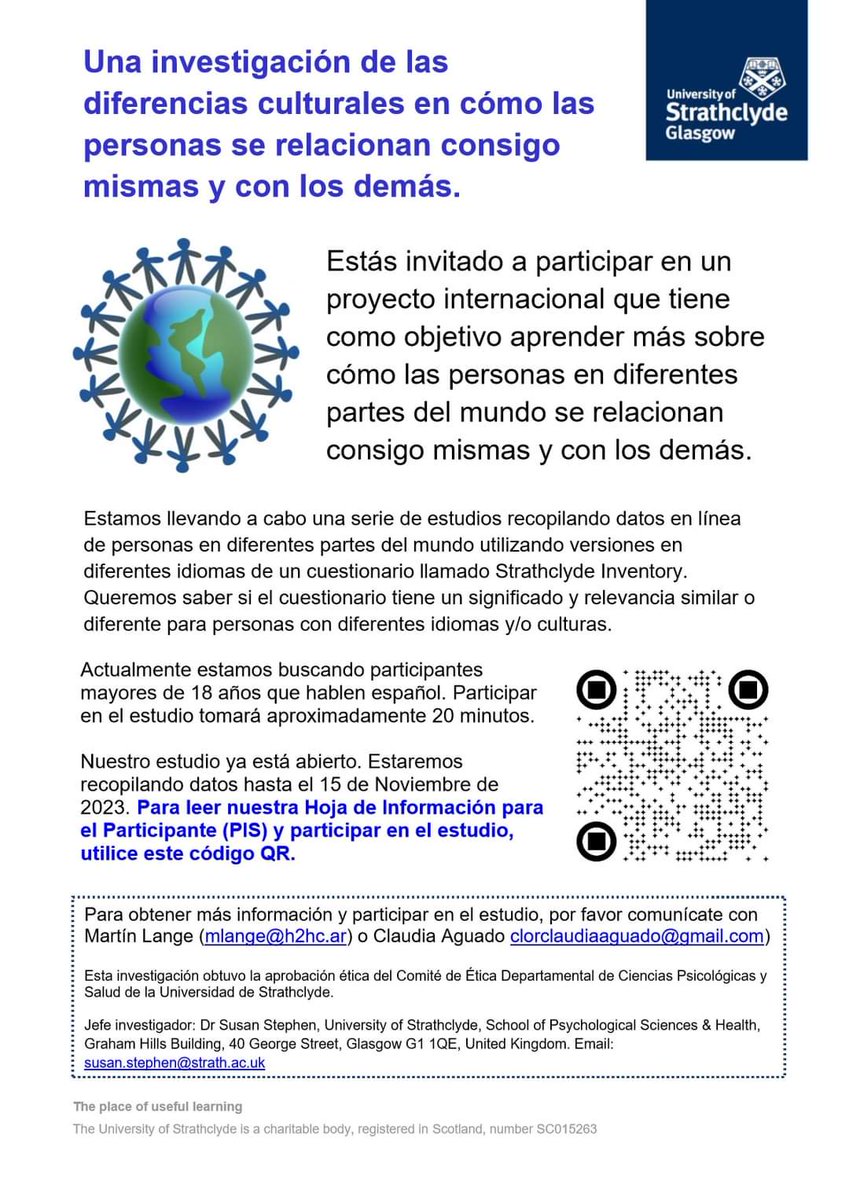 A great response to our survey so far! Pls help us maintain the momentum. We are seeking Spanish-speaking adults living anywhere in the world &amp; from all walks of life. Thx! <a href="/UOSCounselling/">Strathclyde Counselling Unit</a> <a href="/strath_psh/">Strathclyde PSH</a> @ProfSJoseph <a href="/shunchenpsy/">Shun Chen</a> hass.eu.qualtrics.com/jfe/form/SV_4I…