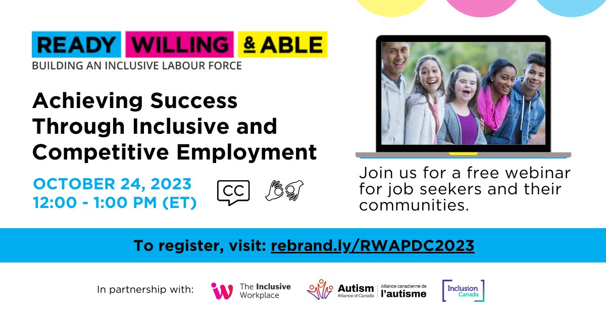 Register for our free webinar in the context of #DEAM, “Achieving Success Through Inclusive &amp; Competitive Employment,” on Oct 24 at 12PM ET.

Gain invaluable insights from self-advocates, parent advocates &amp; an inclusive employment agency representative!

rebrand.ly/RWAPDC2023