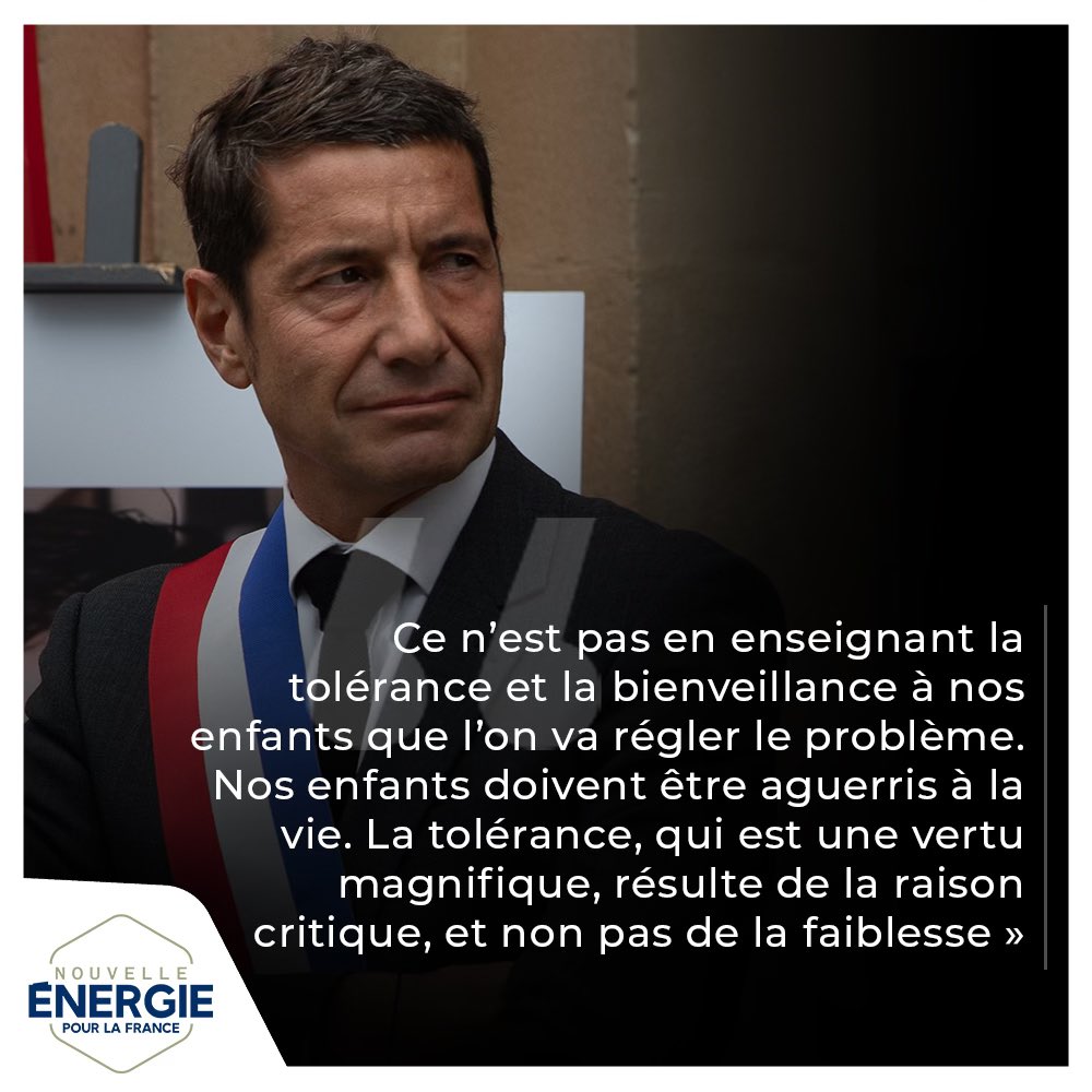 Nouv_Energie's tweet photo. « Ce n’est pas en enseignant la tolérance et la bienveillance à nos enfants que l’on va régler le problème. Nos enfants doivent être aguerris à la vie » @davidlisnard https://t.co/yDjhw7jT7b