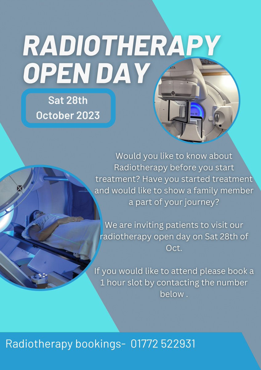 LancsHospitals's tweet photo. Are you due to start Radiotherapy treatment and want to know what to expect? Come along to our Radiology Open Day from 10am-12pm on 28th October for a tour and the chance to ask any questions you may have. To book ring 01772 522931. https://t.co/mIKsem2q6Z