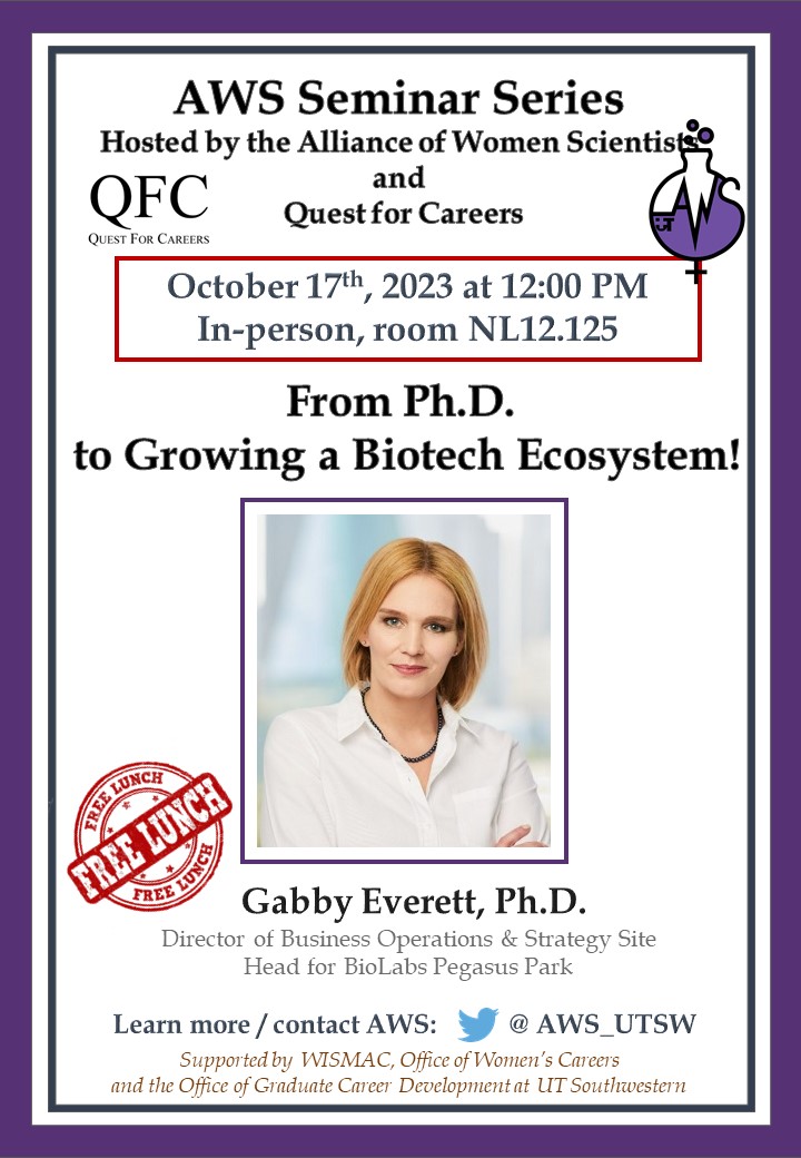 QFC at UTSW (@qfcatutsw) on Twitter photo QFC is excited to invite everyone to our event with <a href="/AWS_UTSW/">Alliance of Women Scientists @UTSW</a>, tomorrow at noon on NL12.125! We are hosting Dr. Gabby Everett! She is a great speaker and has been fundamental in helping develop the biotech environment here in Dallas!
Join us! Lunch will be provided! #phdjob QFC is excited to invite everyone to our event with <a href="/AWS_UTSW/">Alliance of Women Scientists @UTSW</a>, tomorrow at noon on NL12.125! We are hosting Dr. Gabby Everett! She is a great speaker and has been fundamental in helping develop the biotech environment here in Dallas!
Join us! Lunch will be provided! #phdjob