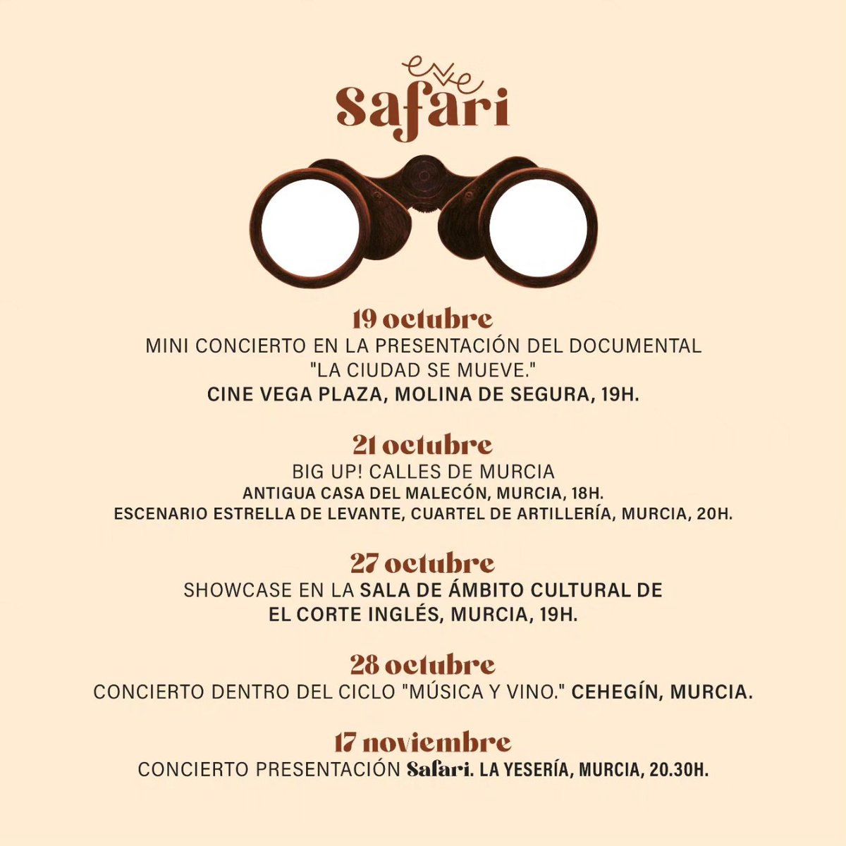 ¡Noticias!
Se aproximan algunas semanas de mucha actividad y nos encantaría veros en alguno de los conciertos y actuaciones pensadas para arropar a nuestro primer EP, "Safari", que llegará el 27 de octubre. 🌴🦁☀️ 
¡Os esperamos!
#SafariEvve #Evve #Estreno #Conciertos #disco